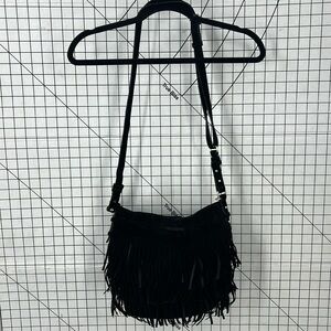 Danier vintage black pig suede leather fringe Crossbody drawstring purse